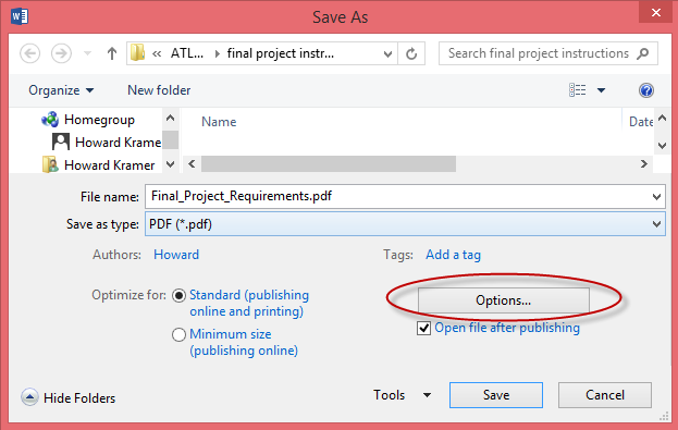 save as adobe pdf option in Word 2013